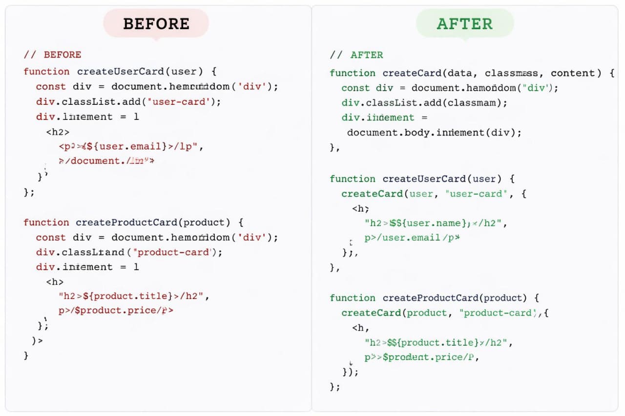 Before and after comparison of HTML code for creating user and product cards.