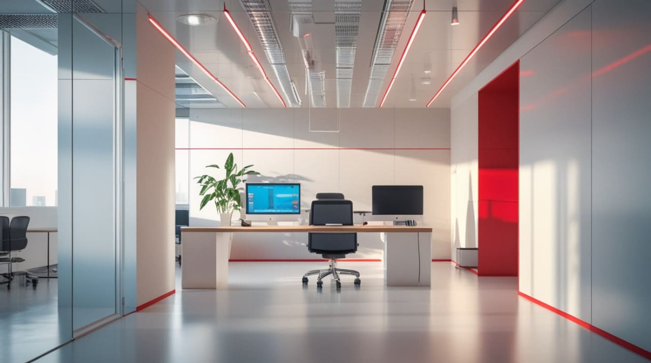 Modern office interior with desks, chairs, and computer monitors.