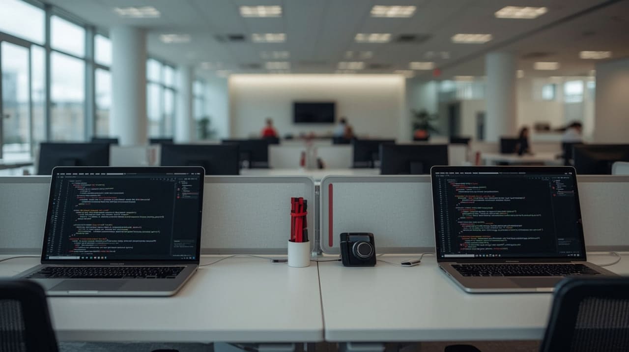 Two laptops on a desk in an office setting with blurred background