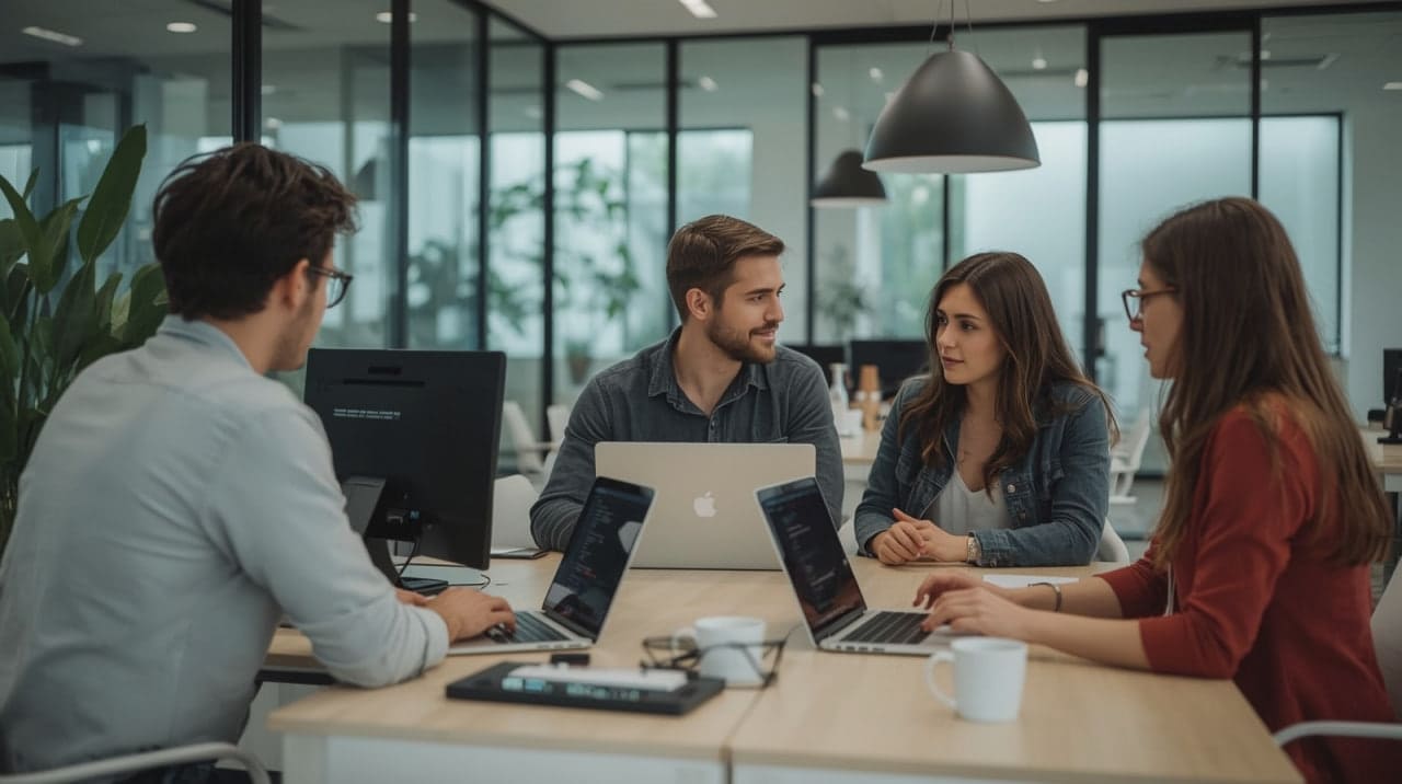 Four people working together at a table with laptops in an office setting.