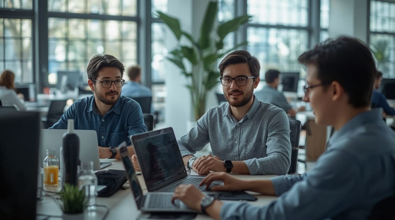 Three men working on laptops at a table in an office setting.