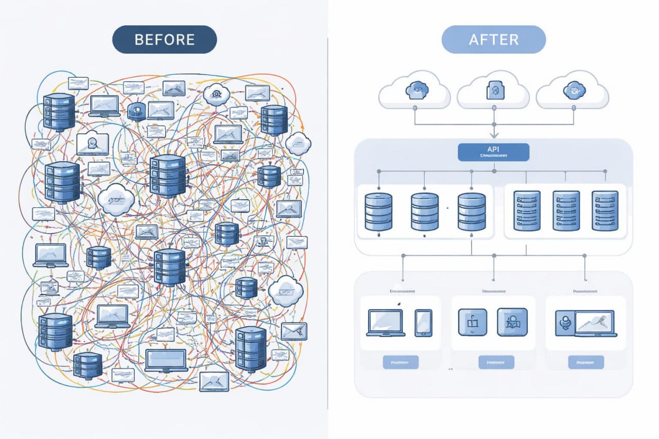 Comparison of a complex network layout labeled 'Before' and a simplified diagram labeled 'After' with cloud icons and labeled components.