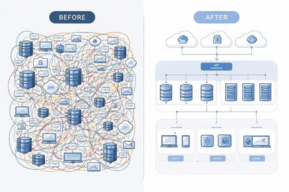 Comparison of a complex network layout labeled 'Before' and a simplified diagram labeled 'After' with cloud icons and labeled components.