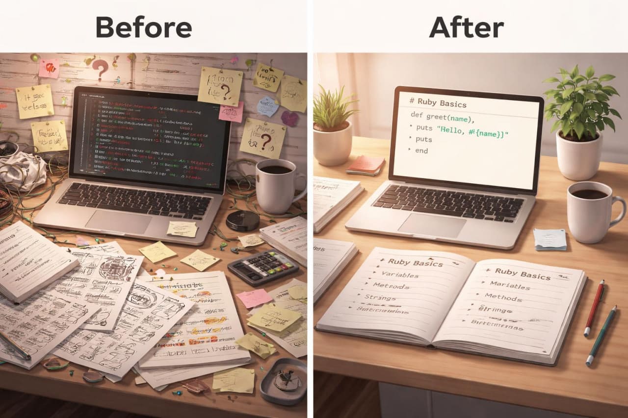 Before and after comparison of a messy desk with a laptop and notes, now organized with books and a coffee cup.