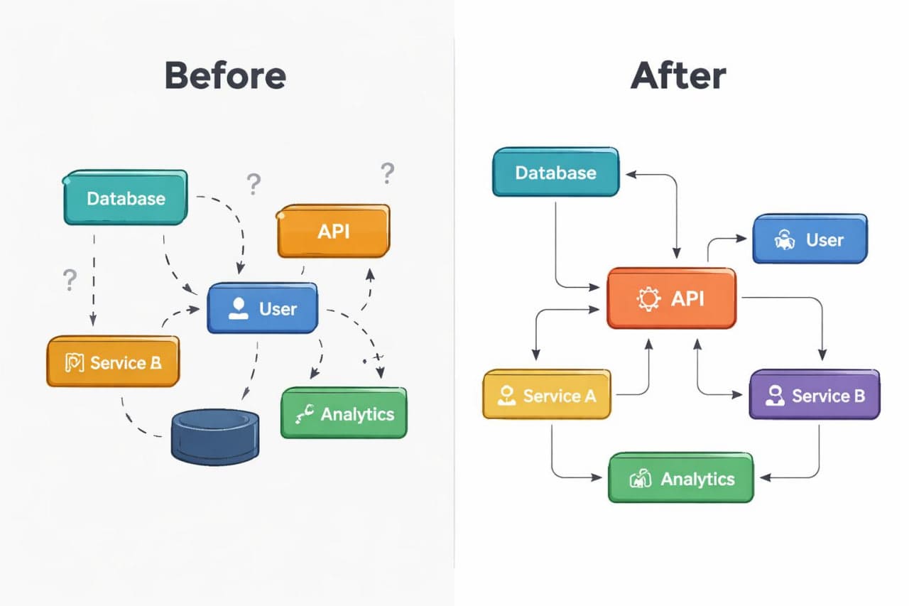 Before and after comparison of a system architecture diagram with colored boxes and arrows.