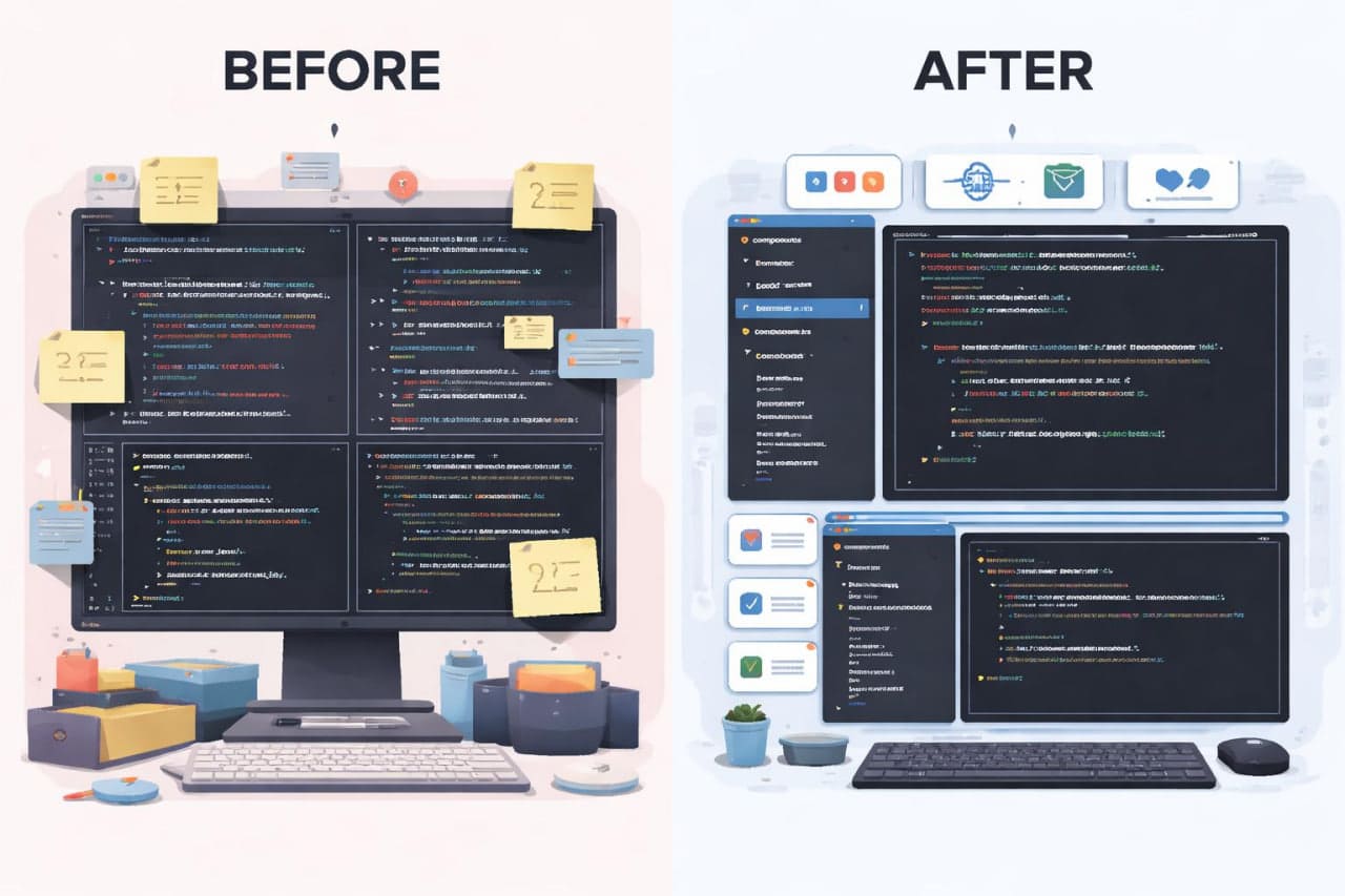 Comparison of a cluttered computer screen with multiple windows and notes, labeled 'Before', and a more organized version labeled 'After'.