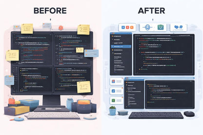 Comparison of a cluttered computer screen with multiple windows and notes, labeled 'Before', and a more organized version labeled 'After'.