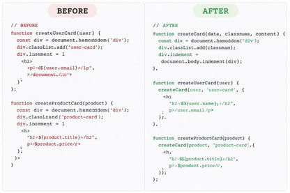 Before and after comparison of HTML code for creating user and product cards.