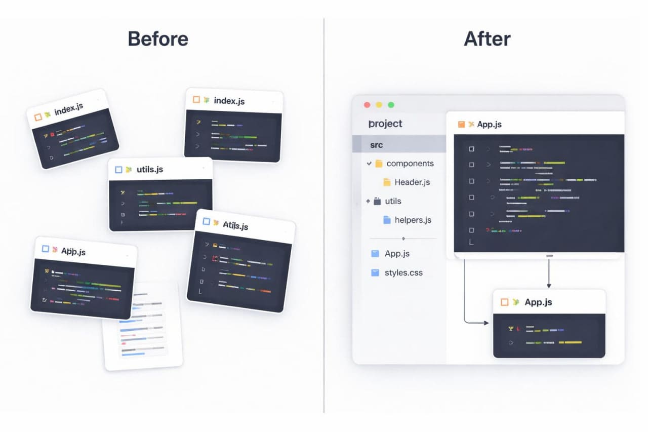 Comparison of code organization before and after refactoring on a white background