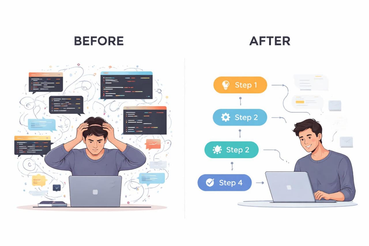 Illustration showing a person before and after using a software development tool with code complexity reduction.