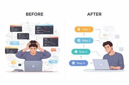 Illustration showing a person before and after using a software development tool with code complexity reduction.