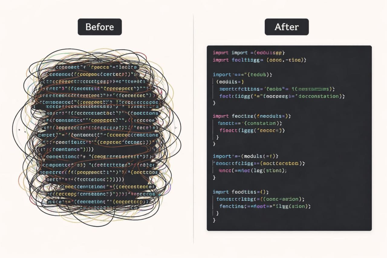 Comparison of messy code on the left and clean code on the right.