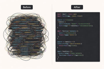 Comparison of messy code on the left and clean code on the right.