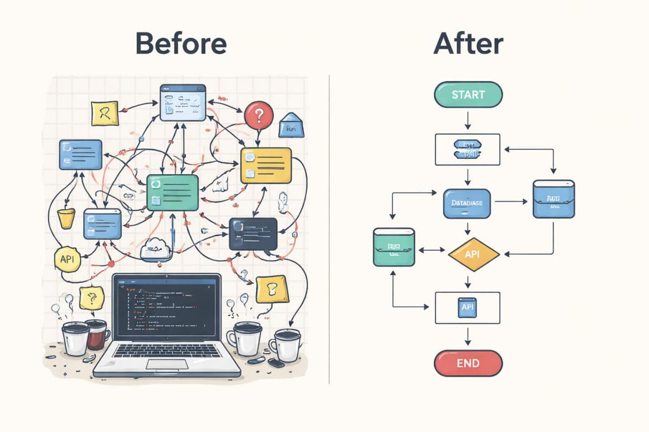 Comparison of a chaotic network diagram before and a clear flowchart after using a laptop.