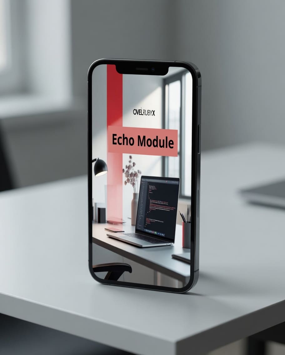 Phone displaying 'Ovellyx Echo Module' on a desk with a blurred office background