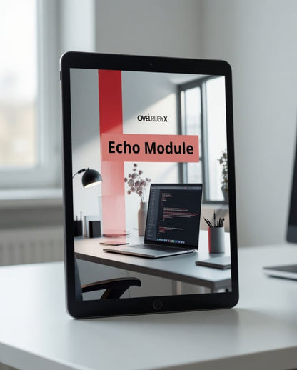Tablet displaying an 'Echo Module' by Overbury on a desk with a blurred office background