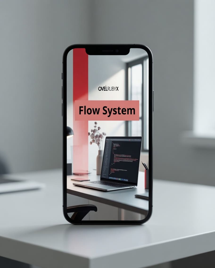 Phone screen displaying a 'Flow System' book cover with a blurred office background
