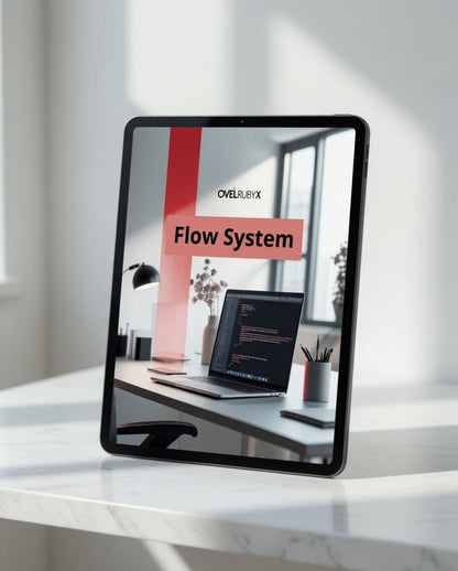 Tablet displaying a 'Flow System' presentation on a modern desk.