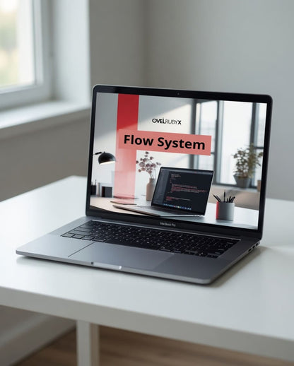 Laptop on a desk displaying a presentation slide about a 'Flow System' by Covelibrix.