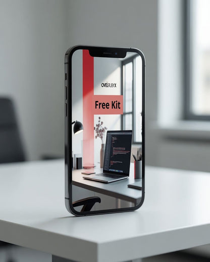 Phone displaying a free kit offer on a desk with a blurred office background