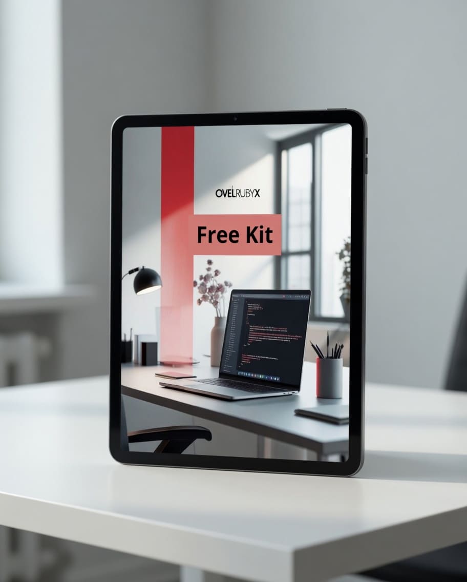 Tablet displaying a free kit offer on a desk with a blurred office background