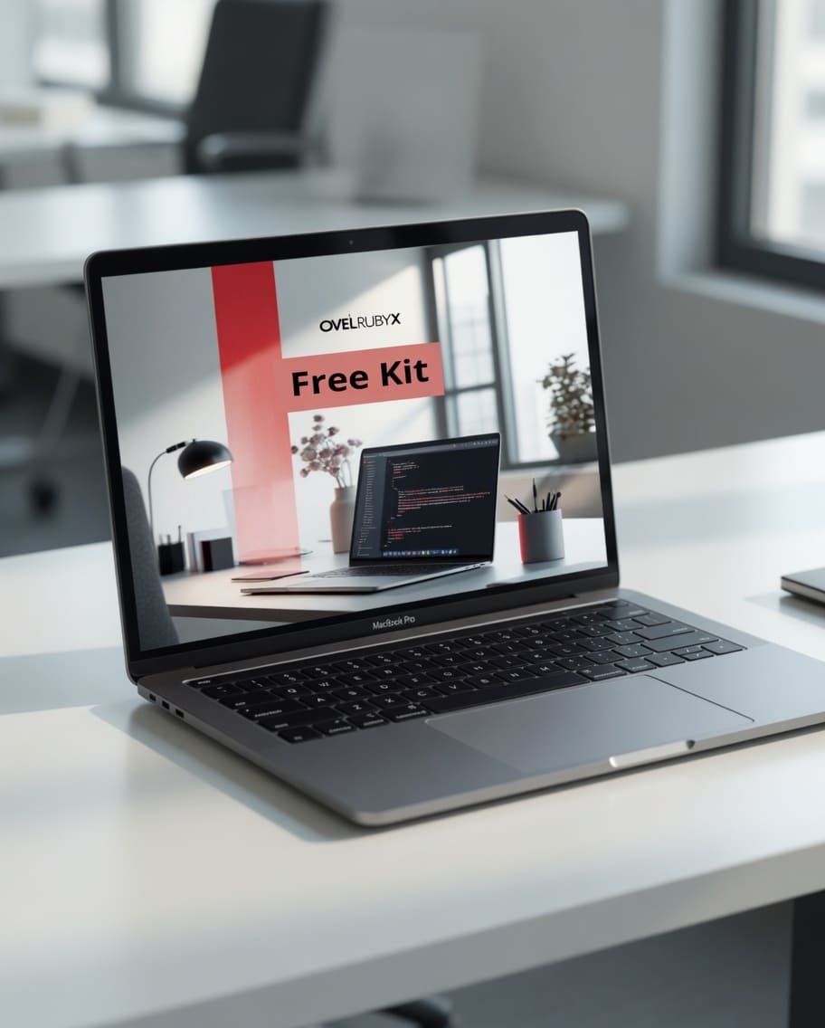 Laptop on a desk with a screen displaying a free kit offer from Ovelr RubyX.