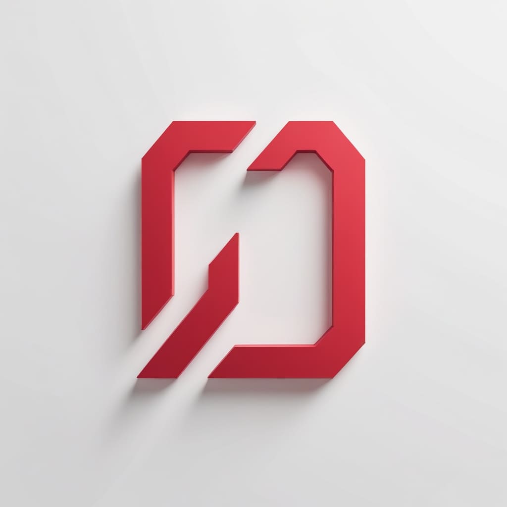 Red geometric logo on a light gray background