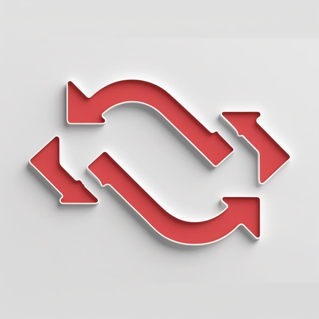 Red icon of four arrows forming a circular pattern on a gray background