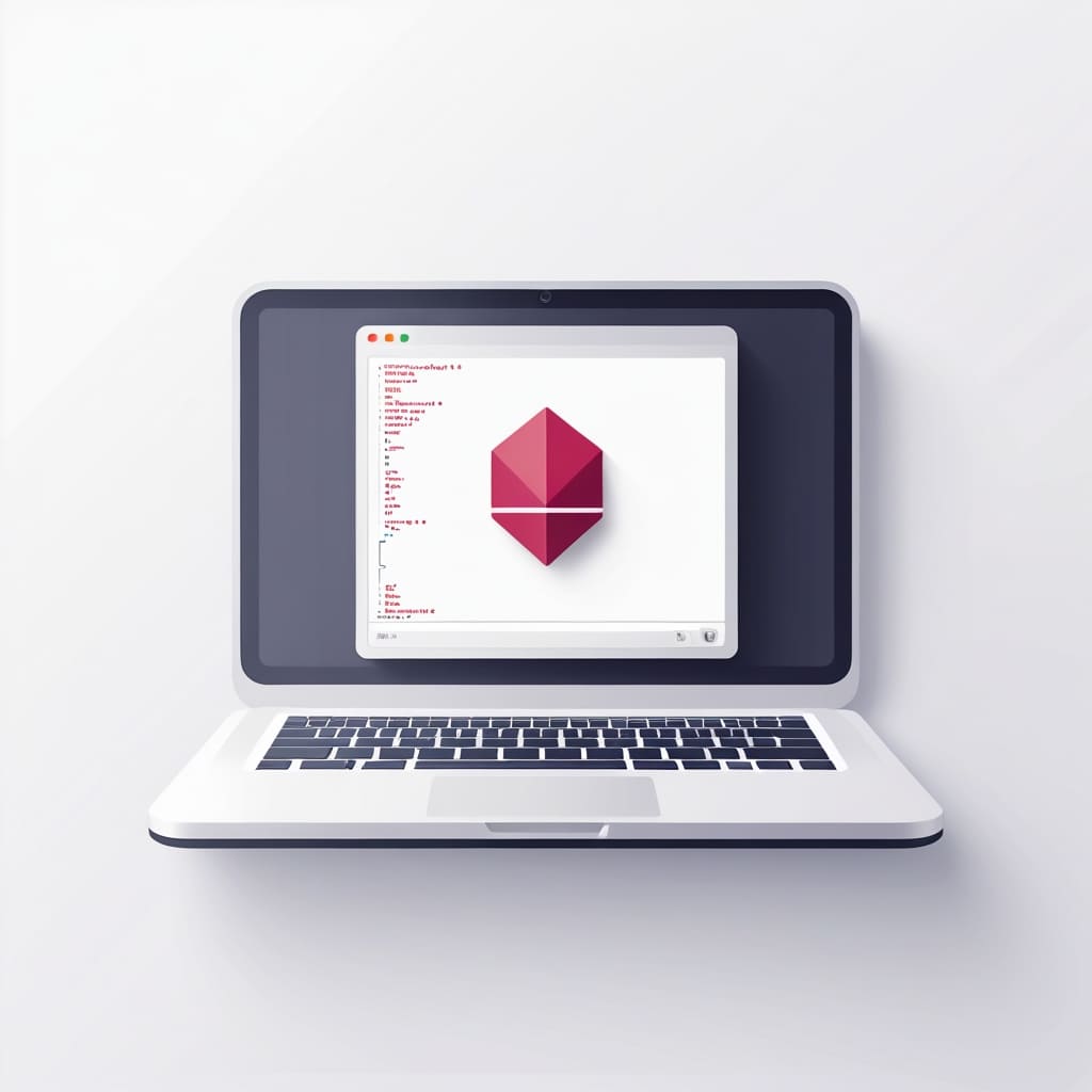 Laptop with a computer screen displaying code and a 3D geometric shape on a white background