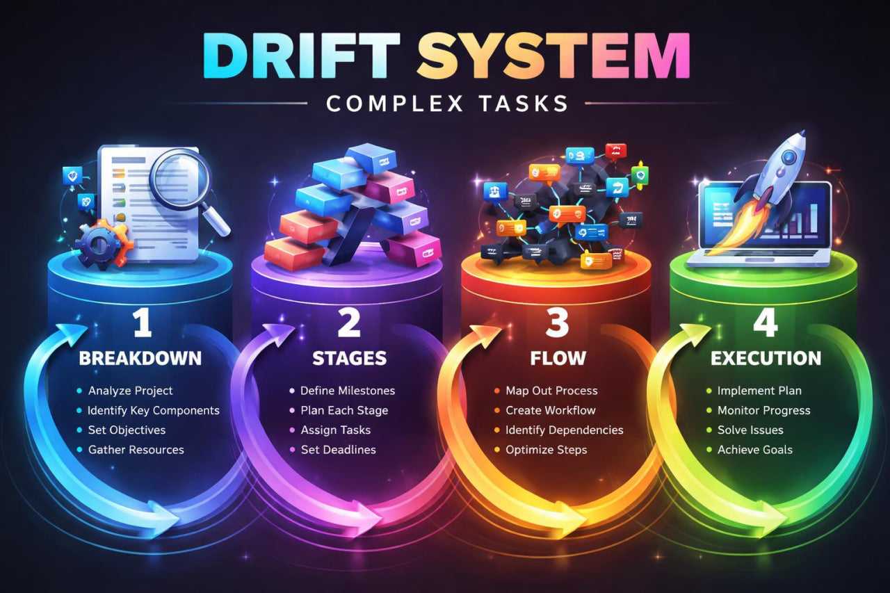 Drift System infographic with four stages of complex tasks on a dark background