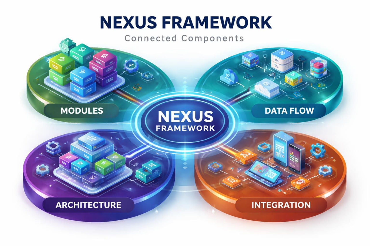 Nexus Framework diagram with connected components on a white background