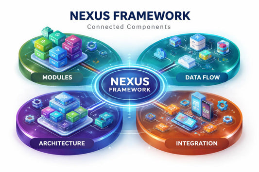 Nexus Framework diagram with connected components on a white background
