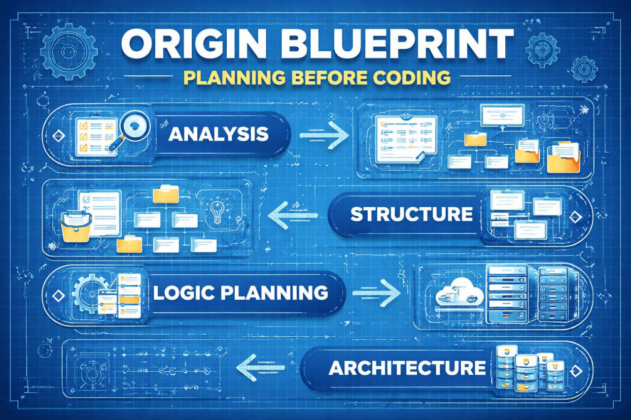 Blueprint-style diagram with stages of software development planning on a blue background