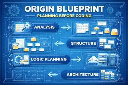Blueprint-style diagram with stages of software development planning on a blue background