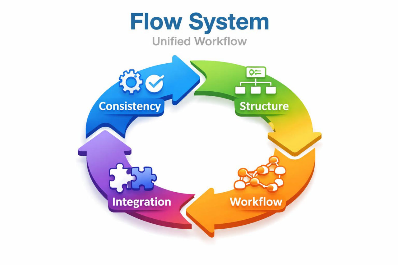 Flow System Unified Workflow diagram with arrows and icons on a white background