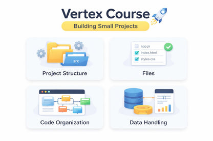 Vertex Course promotional graphic with project structure, files, code organization, and data handling icons.