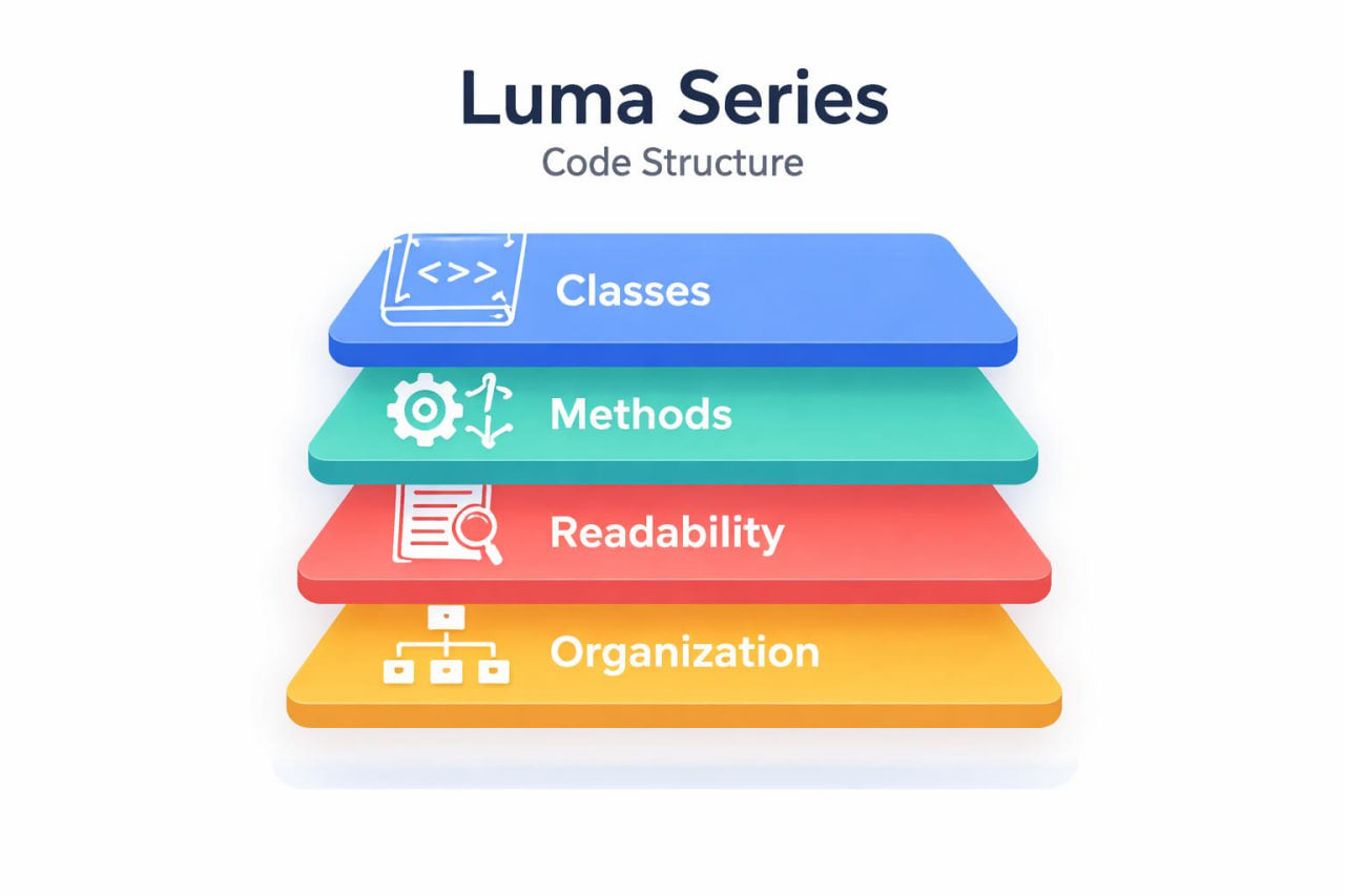 Luma Series Code Structure diagram with colored blocks labeled 'Classes', 'Methods', 'Readability', and 'Organization'.