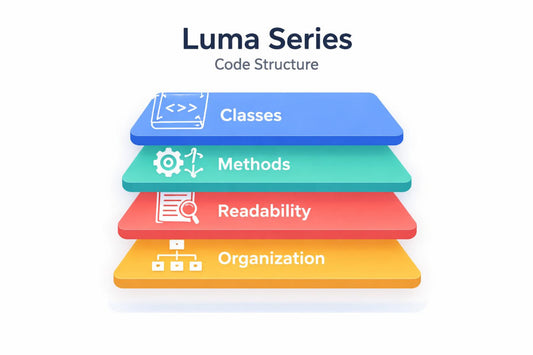 Luma Series Code Structure diagram with colored blocks labeled 'Classes', 'Methods', 'Readability', and 'Organization'.