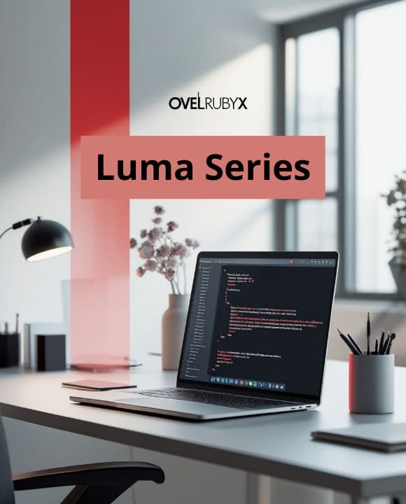Laptop on a desk with 'Ovel Rubyx Luma Series' branding in an office setting.