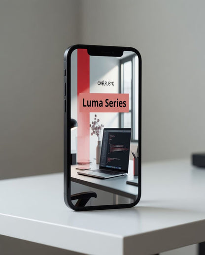 Smartphone displaying a screen with 'Overture' and 'Luma Series' text on a desk.