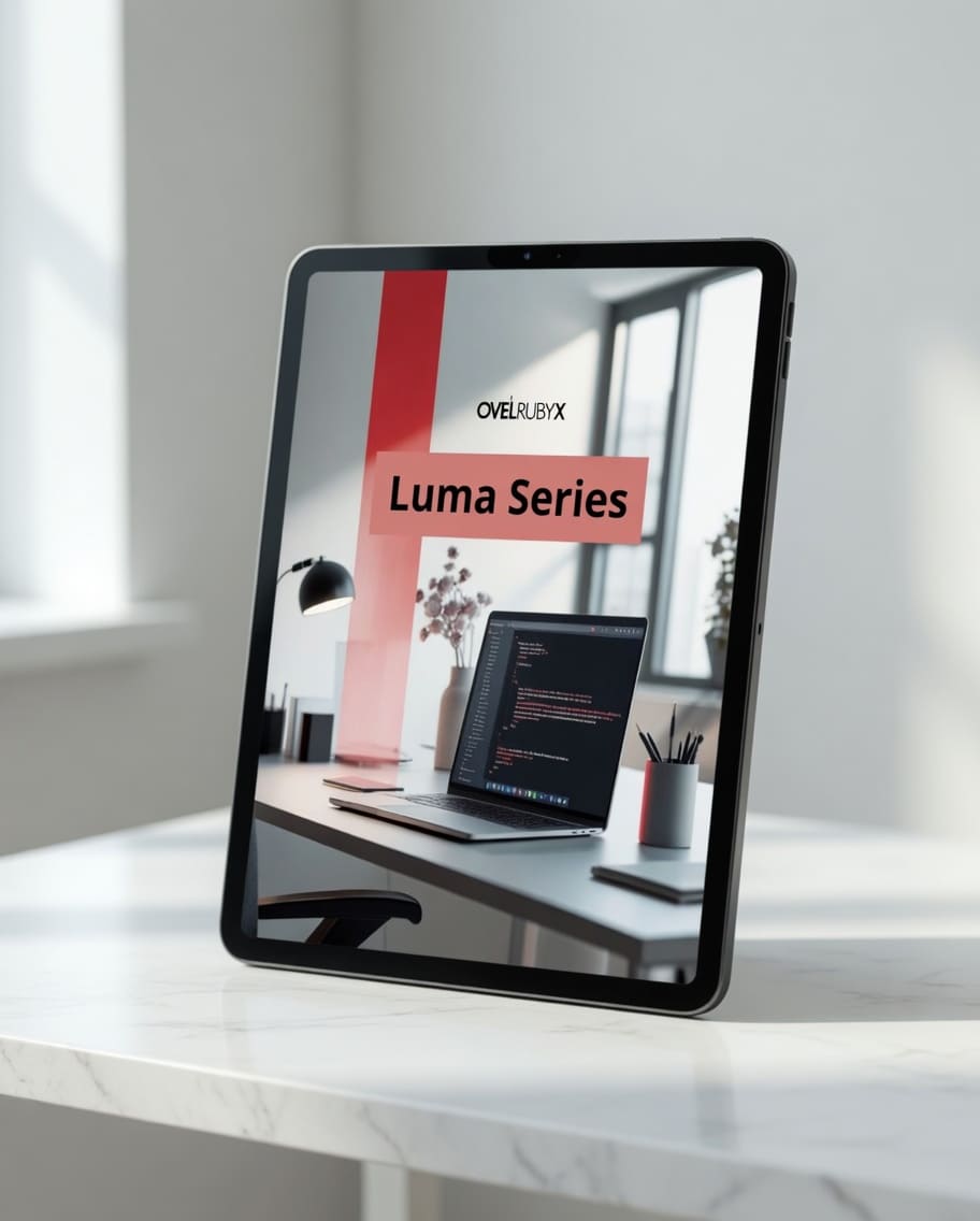 Tablet displaying a product page with 'Luma Series' on a desk.