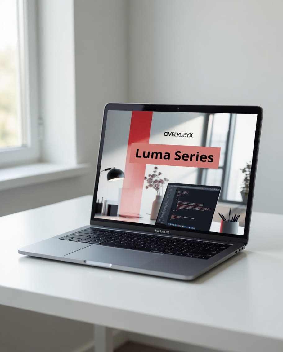 Laptop on a desk with 'Ovelburyx Luma Series' displayed on the screen