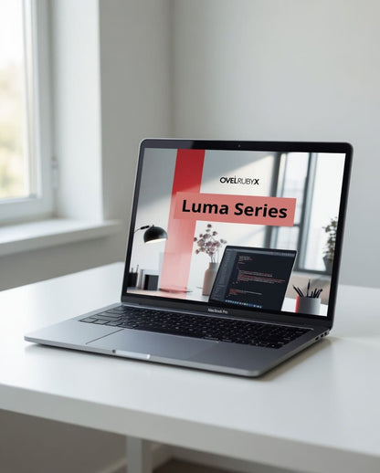 Laptop on a desk with 'Ovelburyx Luma Series' displayed on the screen