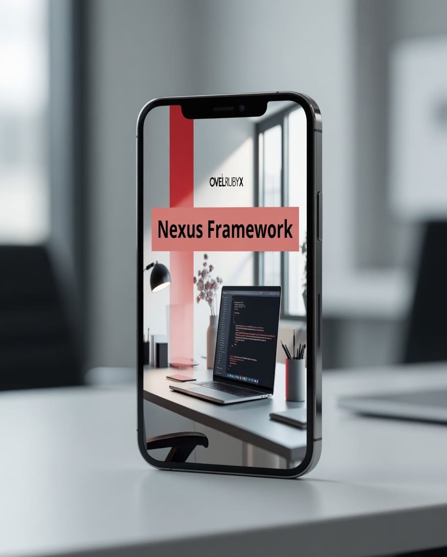 Phone displaying 'Nexus Framework' on a blurred office background