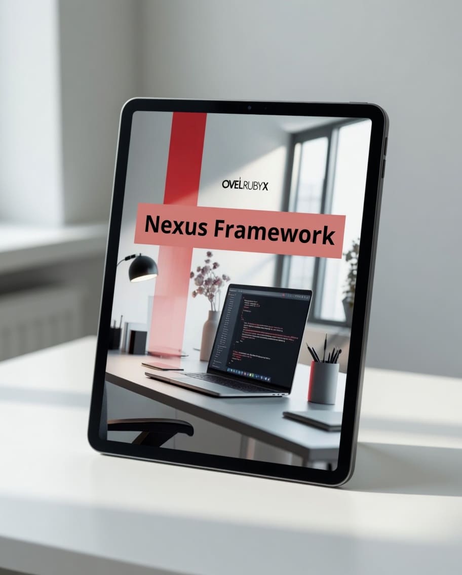 Tablet displaying the OvertureX Nexus Framework on a desk with a blurred office background
