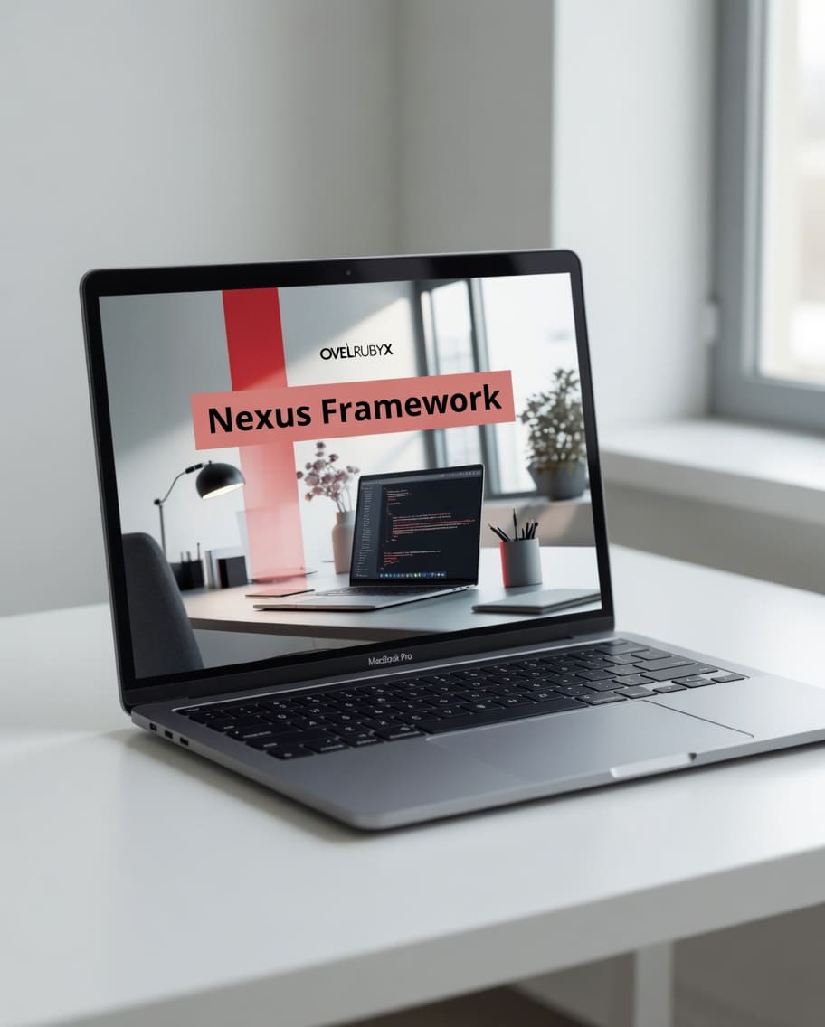 Laptop on a desk displaying the 'Nexus Framework' on a screen with a blurred office background.