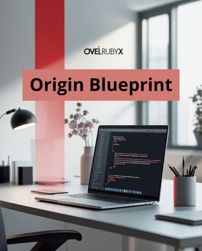 Laptop on a desk with 'OvelRubyx Origin Blueprint' text overlay