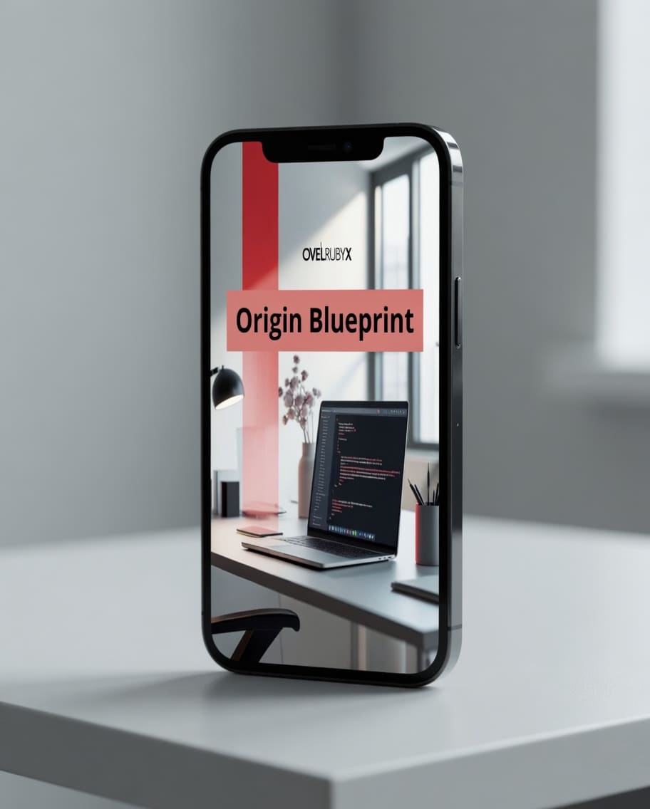 Phone displaying 'Origin Blueprint' on a desk with a laptop