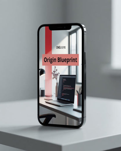 Phone displaying 'Origin Blueprint' on a desk with a laptop