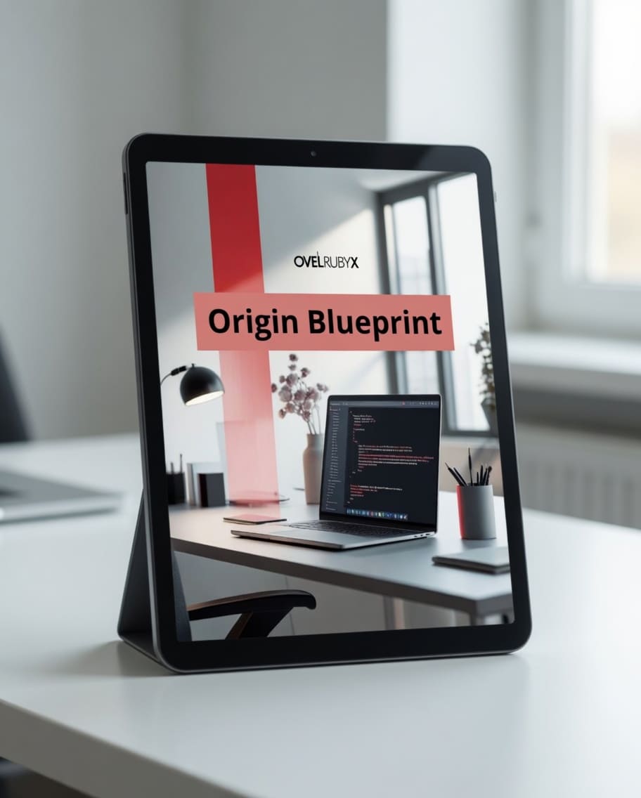 Tablet displaying 'Origin Blueprint' on a desk with a blurred office background